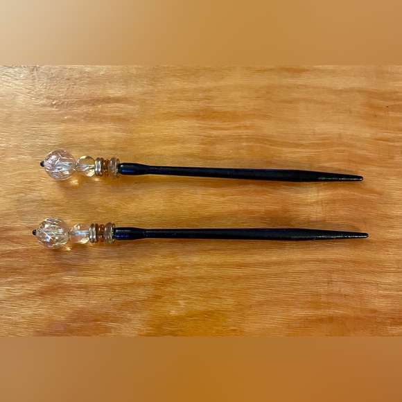 Elegant Wood Beaded Hair Sticks with Gold and Glass Accents - Picture 2 of 3